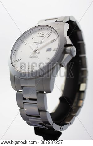 Paris, France 01.10.2020 - Longines Mens Wrist Watch Isolated On White. Date Function Indicating 16.