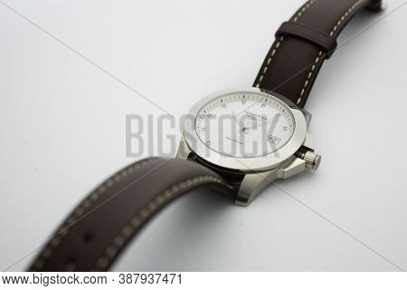 Tokyo, Japan 01.10.2020 - Longines Mens Wrist Watch Isolated On White. Date Function Indicating 4. W