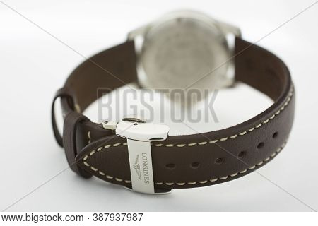 Tokyo, Japan 01.10.2020 - Longines Mens Wrist Watch Isolated On White. Longines Brand Logo On Leathe
