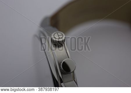 Geneve, Switzerland 01.10.2020 - Claude Bernard Wiss Made Watch Close Up Detail Clock Crown. Swiss W