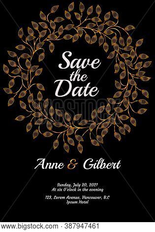 Wedding Invitation Card With Golden Leaves Wreath Border On Black Background. Wedding Ornamental Car