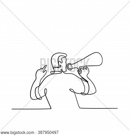 Continuous Line Drawing Illustration Of A Male Activist Or Protester Speaking With Bullhorn, Megapho