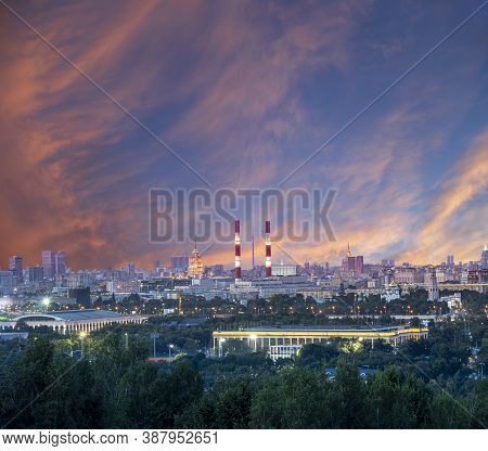 View Of Central Moscow From Sparrow Hills Or Vorobyovy Gory Observation (viewing) Platform At Sunset