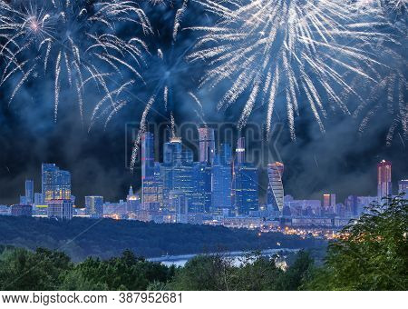 Fireworks Over The Moscow City From Sparrow Hills Or Vorobyovy Gory Observation Platform-- Is On A S