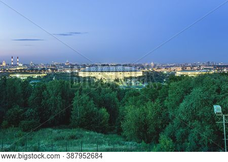 View Of Central Moscow From Sparrow Hills Or Vorobyovy Gory Observation (viewing) Platform At Sunset
