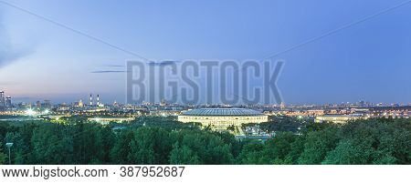 View Of Central Moscow From Sparrow Hills Or Vorobyovy Gory Observation (viewing) Platform At Sunset