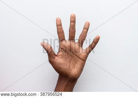 Boy Hand Showing Number Five Gesture Symbol Isolated On White Background. Gesturing Number 5. Number