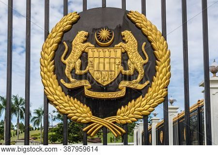 Kuala Lumpur, Malaysia - December 2, 2019: The Coat Of Arms Of Malaysia On The Fence Of The Sultan's