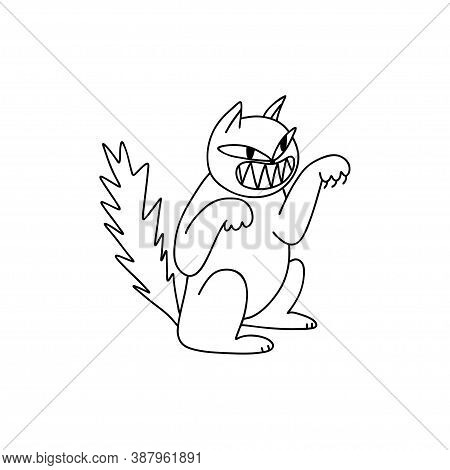 Doodle Aggressive Cat Bares Teeth Isolated On White Background. Vector Stock Illustration Swinging P