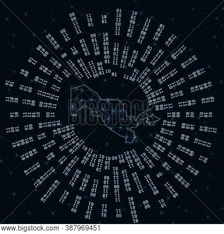Uzbekistan Digital Map. Binary Rays Radiating Around Glowing Country. Internet Connections And Data