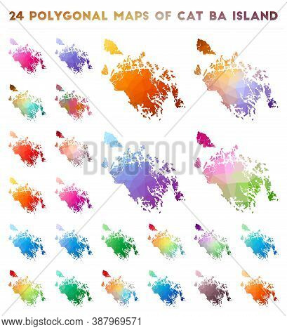 Set Of Vector Polygonal Maps Of Cat Ba Island. Bright Gradient Map Of Island In Low Poly Style. Mult