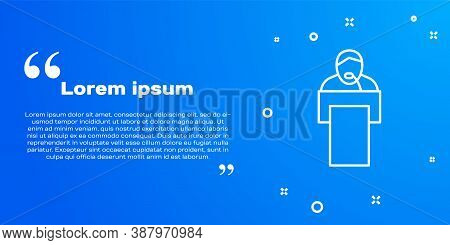 White Line Gives Lecture Icon Isolated On Blue Background. Stand Near Podium. Speak Into Microphone.