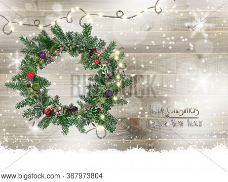 Christmas Holiday Over Wooden Background. Christmas Wreath On Rustic Wood. Banner, Card, Postr. Copy
