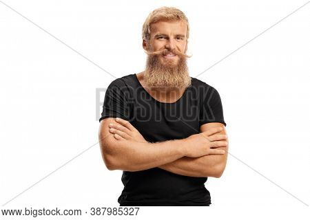 Bearded man with mostaches smiling and posing with crossed arms isolated on white background