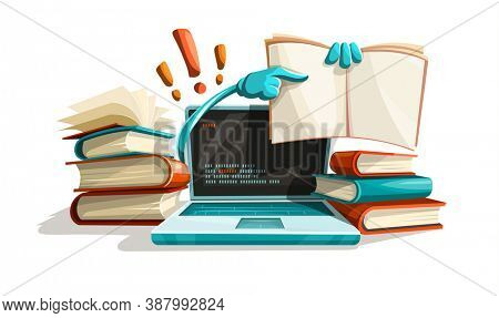 Modern computer technologies education help. Answers from manuals paper books library literature solution tasks. Studying concept searching for answer. Isolated on white background. 3D illustration.