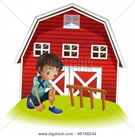 ภาพของเด็กเศร้าหน้า barnhouse บนพื้นหลังสีขาว