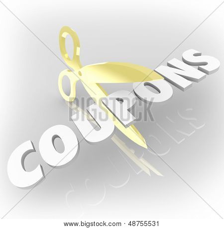 Słowo Kupony cięcia nożycami do zilustrowania szczególne oszczędności lub oferty, aby zaoszczędzić pieniądze