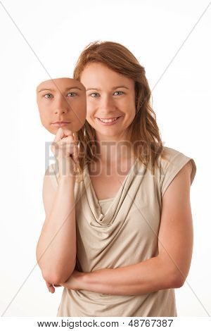Woman Hiding Under The Happy Mask. Hypocritical, Insincere, Two-faced Female