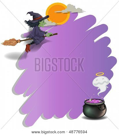 Illustration d'une sorcière à cheval sur un balai et un modèle vide violet sur fond blanc 