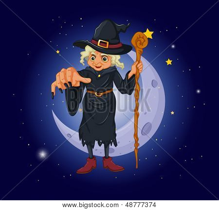 Illustration d'une sorcière tenant un bâton devant la lune