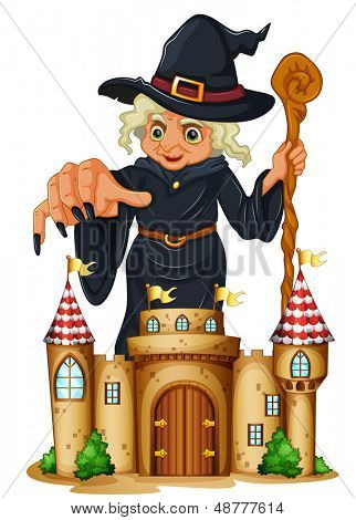 Ilustração de uma bruxa gigante na parte de trás um castelo sobre um fundo branco 