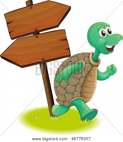 Abbildung einer Schildkröte neben der hölzernen Arrowboards auf weißem Hintergrund 