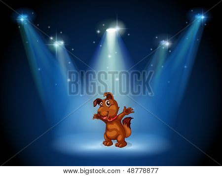 Illustrazione di un palcoscenico con un cane in mezzo