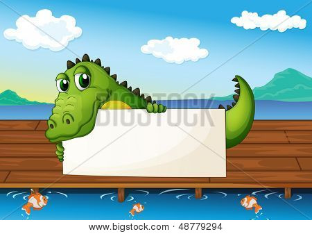 Ilustrace aligátor drží prázdný dávaného u jezera s rybami