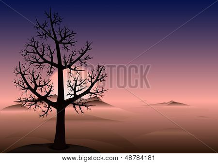 Ensomt træ. Solnedgang. Bjergene i tåge. Vector baggrund.