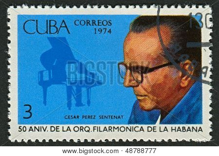 Kuba - 1974: Znaczek wydrukowany obraz pokazuje Kuba pianista Cesar Perez Sentenat (1896-197