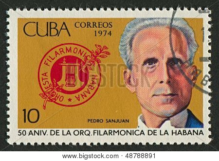 Kuba - asi 1974: Známka vytištěna na Kubě ukazuje obrázek Pedro Sanjuan (1886-1976), skladatel