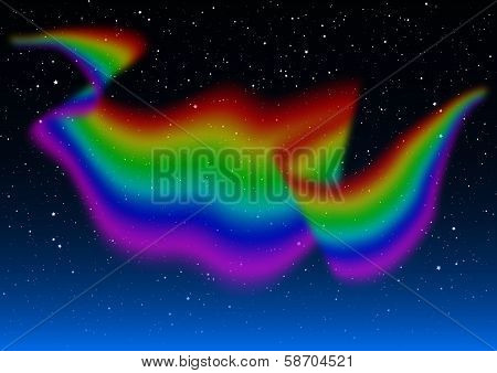 Abstract rainbow aurora with stars and blue sky
