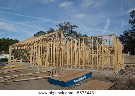 JACKSONVILLE, FLORIDA, USA-SEPTEMBER 11, 2013: A new home under construction in Jacksonville. New home sales fell 6.6 percent in September to a 354,000 annual rate, the weakest since April 2012. 