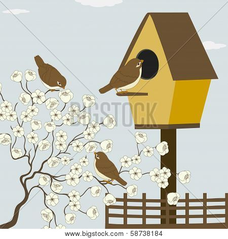 A Branch With Flowers And Birds