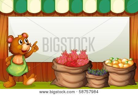 Illustration of a bear at the market with an empty template at the back