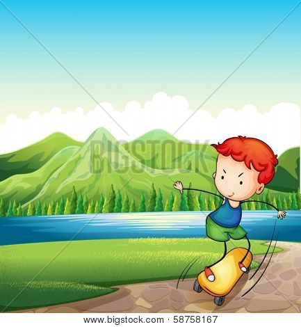  Illustration of a young man skateboarding at the riverbank