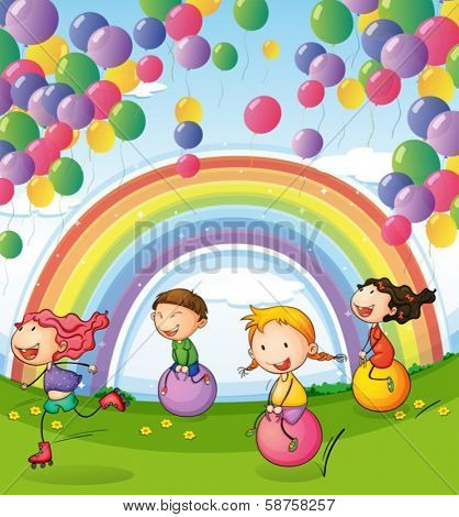  Illustration of the kids playing with floating balloons and rainbow in the sky