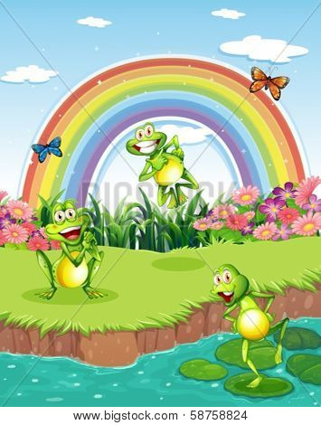 Illustration of the three playful frogs at the pond and a rainbow in the sky