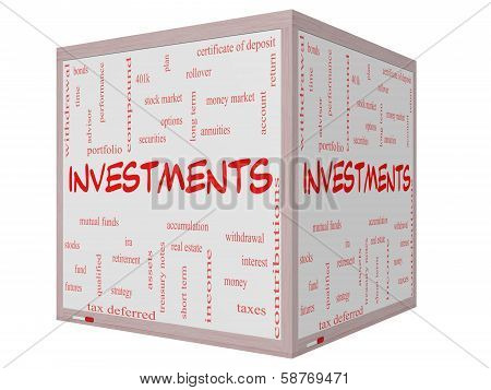 Investments Word Cloud Concept On A 3D Cube Whiteboard