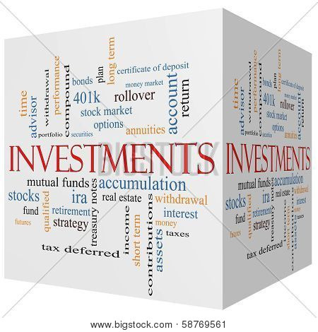 Investments 3D Cube Word Cloud Concept