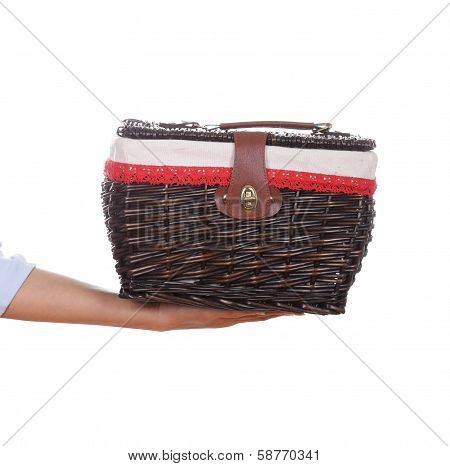 Hand With Weave Wicker Basket Bag