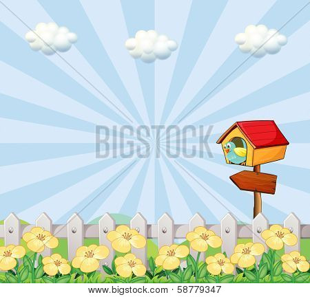 Illustration of a bird at the birdhouse near the wooden fence