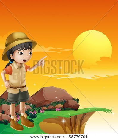 Illustration of a female explorer standing near the cliff