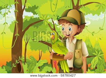 Illustration of a young boyscout with a parrot