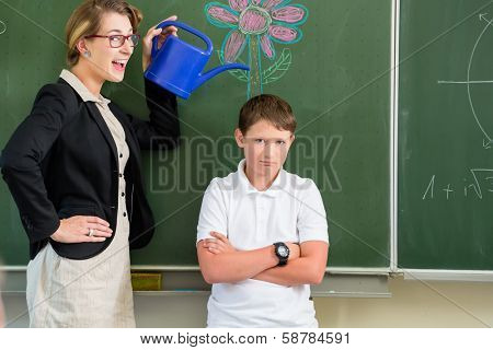 Teacher motivating school student in front of the board