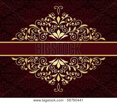Vector Greeting Card With Golden Frame In Vintge Seamless Pattern