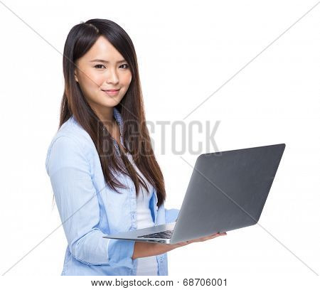 Asian woman with laptop on white background isolated