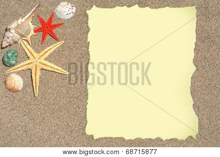 Starfish And Shells With Blank Paper For A List, Menu Or Text