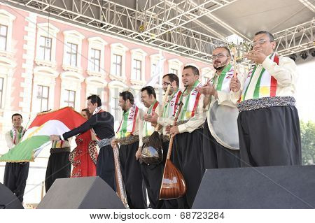 ZAGREB, CROATIA - JULY 18: Members of folk group Payiz from Sulaimaniya, Kurdistan, Iraq during the 48th International Folklore Festival in center of Zagreb, Croatia on July 18, 2014