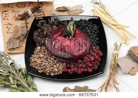 Traditional chinese herbal medicine ingredients with not real hieroglyphs, close-up